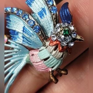 Vintage Enamel Blue Bird Brooch with Green, Blue & AB Rhinestones - Estate